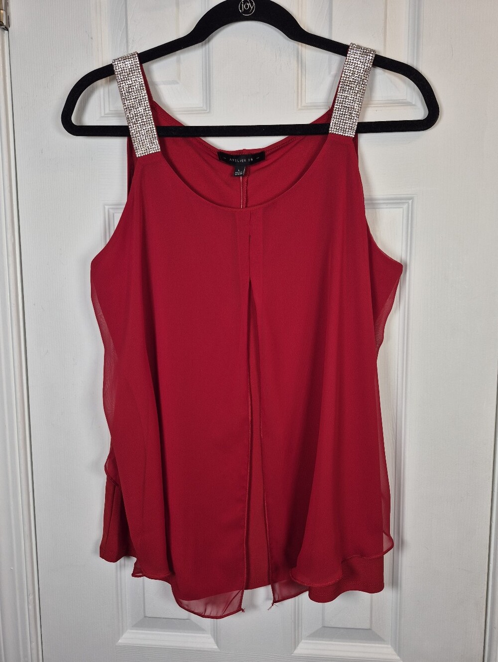 NWT Atelier 29 Red Rhinestone Strap Double Layer Tank Top Blouse L Festive